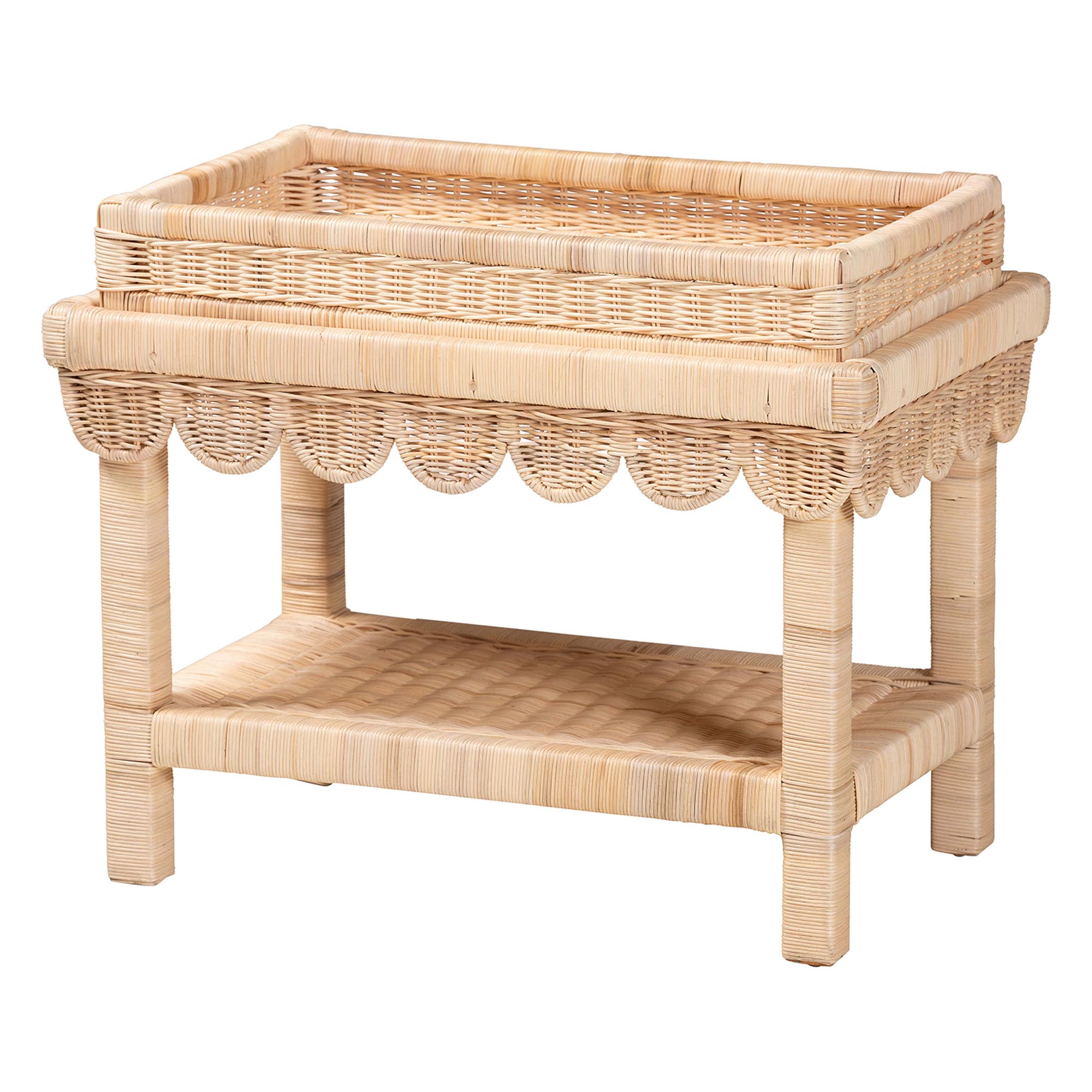 bali & pari Weyman Scalloped Rattan End Table with Removable Tray Top - Handwoven Rattan Accent Table with Shelf, Coastal Boho Style Side Table for Living Room or Bedroom